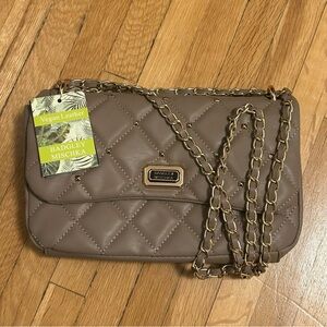 NWT Badgley Mischka v quilted with logo taupe vegan leather crossbody purse bag